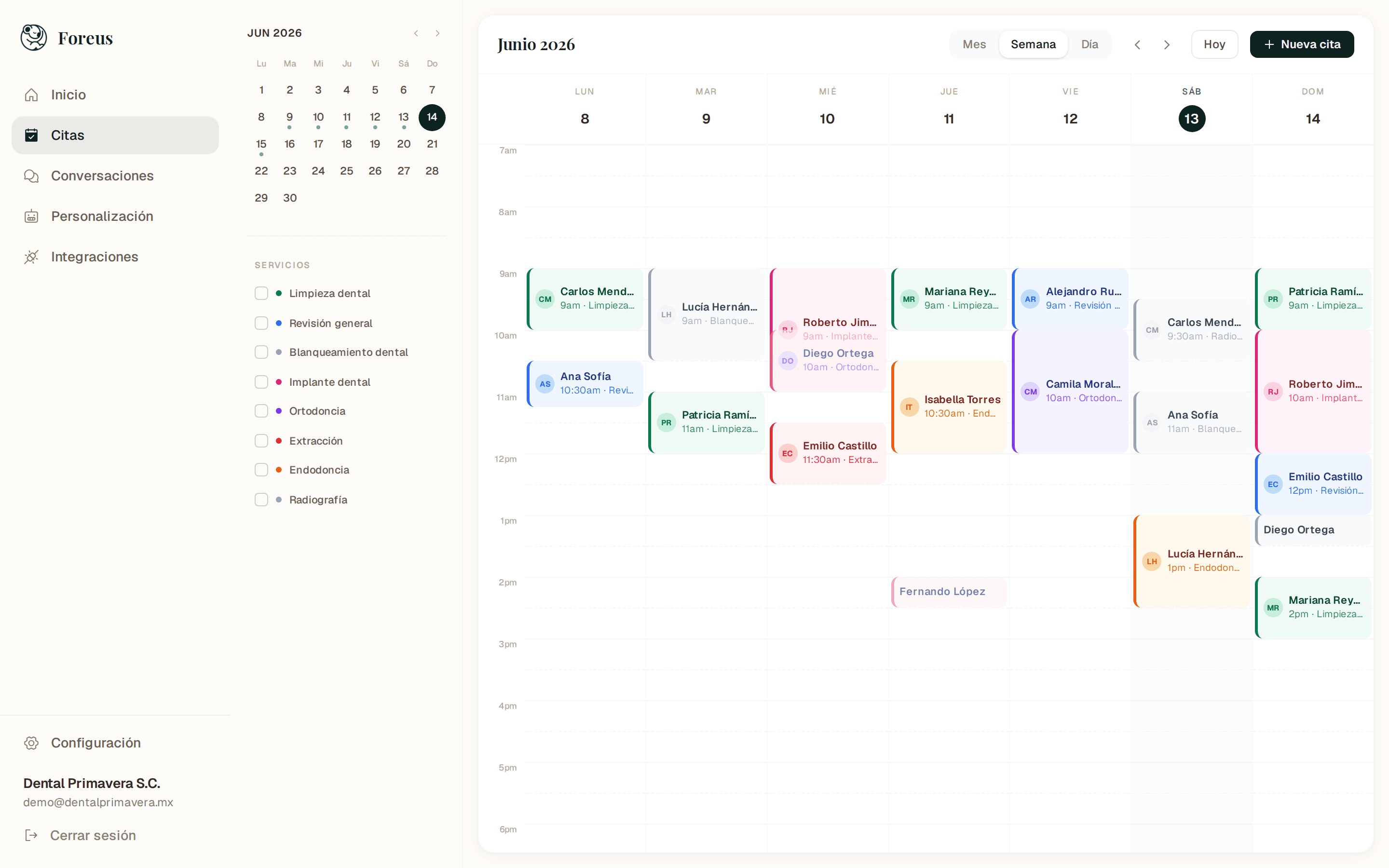 Panel de citas de Foreus: calendario con confirmaciones automáticas gestionadas por la IA